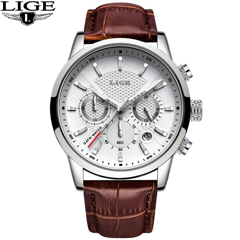 LIGE Official Men's Waterproof Leather Watch with Box